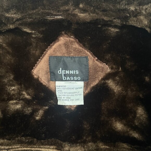 Dennis Basso Leather Coat Faux Fur Trim Button Down Dark Brown - Picture 12 of 13
